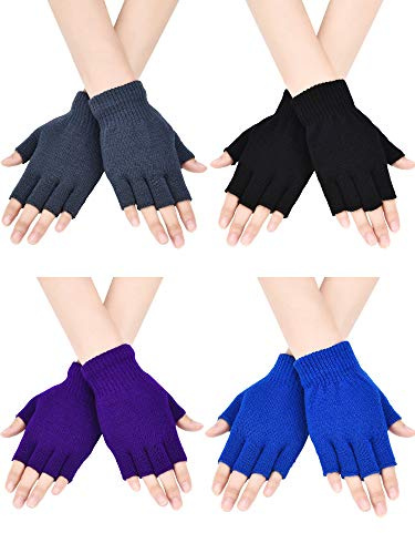Bememo Fingerlose Handschuhe, Halbfinger-Handschuhe, Winter, einfarbig, gestrickt, für Jungen und Mädchen, 4 Paar, Schwarz, Grau, Königsblau, Violett, 5.5 x 3.9 inches