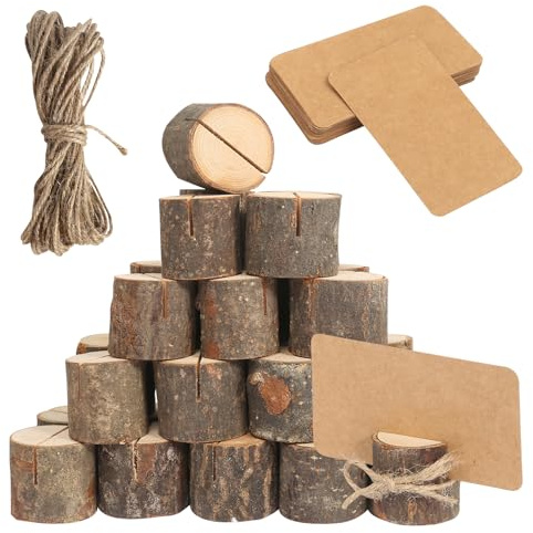 30 Stück Holz Tischkartenhalter Kartenständer mit 30 Karte Kraftpapier und 10m Juteseil Fotohalter für Hochzeiten Restaurants Bankette