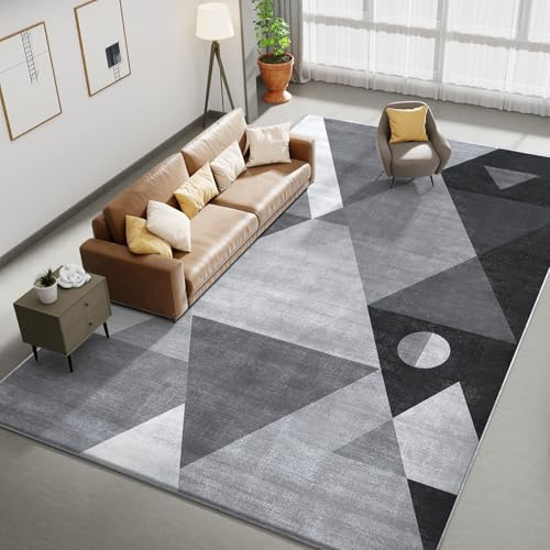 HOMFINE Moderner Teppich Wohnzimmer Grau 160x230 cm - (10mm Dicker Schwamm) Waschbarer Kurzflor mit Anti-Rutsch Unterseite, Weich Geometrisch für Schlafzimmer Esszimmer Küche