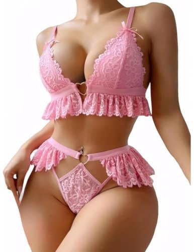 VicSec Damen Sexy Dessous-Sets Spitze Babydoll Unterwäsche Set Lingerie | Florale Push up BH mit Bügel Und Tanga Reizwäsche Transparent Netz V-Ausschnitt Nachthemd 2 Teiliges für Valentinstag
