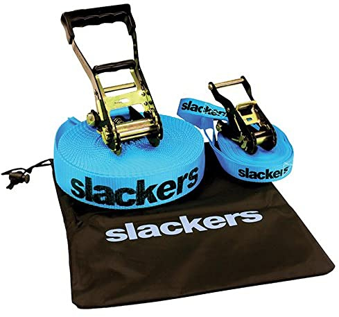 Schildkröt Slackers USA Slackline Classic 15m, Set mit zusätzlicher Teaching Line, Handlauf zum leichten Erlernen, Ratschenschutz, Anleitung, Tasche, ideal für Kinder und Familie, 980010