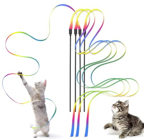 Kzouenzu Katze Zauberstab 60cm, Katze Wand Interaktives Spielzeug [4 Stück], Interaktives Katzen Regenbogenstab Schnurspielzeug, Interaktiver Zauberstab Für Katzen Für Trainingsgerät Indoor