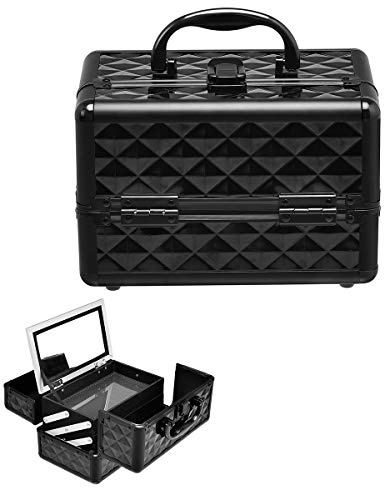 COSTWAY Beauty Case Schminkkoffer Kosmetikkoffer, Schmuckkoffer 23 x 15 x 18cm, Friseurkoffer mit Spiegel, Multikoffer Damen (Schwarz)