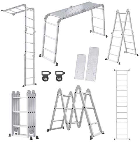 YRHome 6 in 1 Leiter Mehrzweckleiter Alu Gelenkleiter Klappleiter Steigleiter 340cm Multifunktionsleiter Aluleiter Kombileiter mit Plattformbis 150KG belastbar 4x3 Stufen Silber
