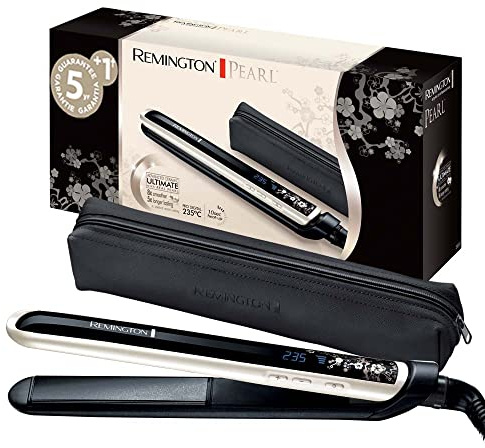 Remington Glätteisen [Testsieger] Pearl (hochwertige Keramikbeschichtung mit echten Perlen für eine gleichmäßige Wärmeverteilung) LCD-Display, 150-235°C, inkl. Aufbewahrungstasche, Haarglätter S9501