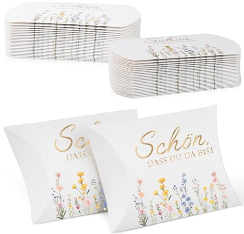 50x Geschenkbox Hochzeit – Kissenschachteln mit Schön Dass Du Da Bist | Gastgeschenke für Hochzeit, Taufe, Konfirmation | Für Süßigkeiten & Deko (Wildflowers-Design)