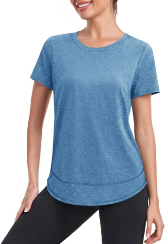 Fisoew Damen Sportshirt Fitness Rundhals T-Shirt Kurzarm Workout Tops Leicht Gym Oberteile Blau XL