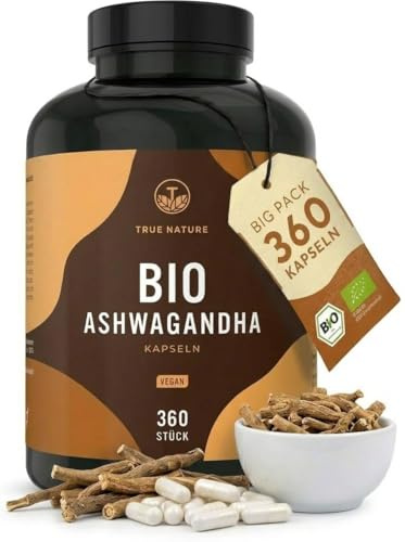 Bio Ashwagandha - 360 Kapseln - hochdosierte 2600mg - ayurvedische Ernährung - reines Wurzelpulver mit naturbelassenem vollem Nährstoffprofil (nicht extrahiert) - Indische Schlafbeere - TRUE NATURE