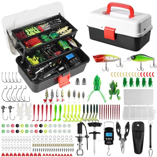 213 Stück Angelzubehör Set, 3-Regal Angelkoffer mit Zubehör, Angelset mit Köder, Haken, Angelzange, Angelwaage, Angelzubehör Köder Set für Barsch und Forellen, Angler Geschenk für Kinder Anfänger