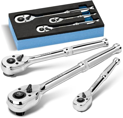 Shall 3 Stück Umschaltknarre | 1/4, 3/8, 1/2 90-Zahn Ratsche mit Schnellspanner | Chrom-Vanadium-Stahl für enge Bauräume & 4° Betätigungswin