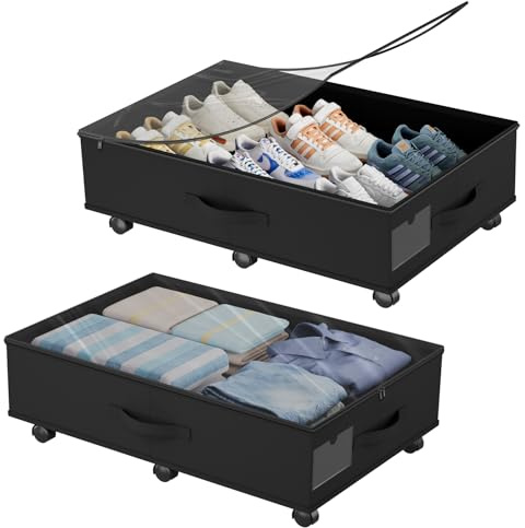 Babenest Unterbettkommode mit 6 Rollen, 2 Stück Faltbare Unterbett Aufbewahrungsbox mit Klarer Deckel Reißverschluss, Under Couch Bettkasten Schuhe, Kleidung, Spielzeug Storage Boxs (Schwarz)