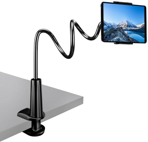 CLM-Tech Schwanenhals Tablet Halterung Bett, Tablethalterung schwarz | Kompatibel mit 4 - 11 Zoll Tablet PC's und Smartphones, 360° verstellbar, flexibler Arm
