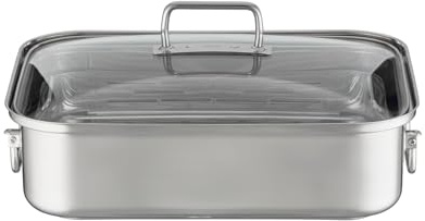 RÖSLE EXPERTISO Bräter rechteckig, Hochwertiger Bräter mit Glasdeckel, Edelstahl 18/10, backofengeeignet, induktionsgeeignet, spülmaschinengeeignet,Silberfarben, 38 x 28 cm