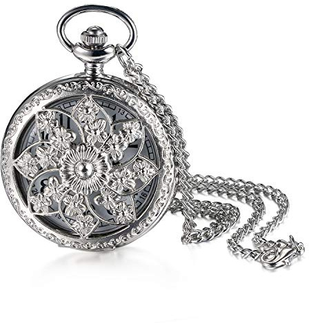 JewelryWe Vatertagsgeschenk Taschenuhr Herren Retro Royal Flush/Kompass/Blumen/Glocke/Motorrad Kettenuhr Analog Quarz Uhr Anhänger mit Halskette Kette Bronze Geschenk für Männer