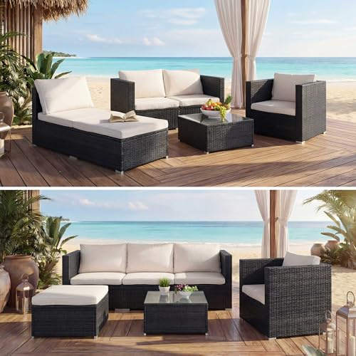 Mendler Poly-Rattan-Garnitur Brescia - schwarz, Kissen Creme | Gartengarnitur, Sitzgruppe, Sofa, Lounge-Set
