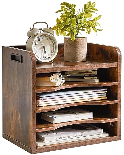 YMYNY Schreibtisch Organizer aus Holz,Dokumentenablage Rustic Brown HBC006H | A4,Aktenmagazinhalter Bücher, Papierbriefzubehör,Sammler, mit 5 Fächer,3 verstellbaren Ordnerregale,für School,Büro