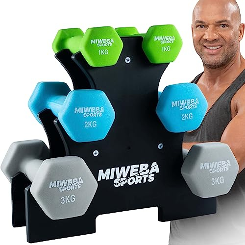 Miweba Sports Neopren Hantelset NKH120 | 𝐏𝐫𝐨𝐟𝐢 Hantel - Hexagon Hanteln Set - Kurzhanteln - Kurzhantel Set - Neoprenhantel - Hantelständer - Hantel - Dumbbell - 1-3kg (Grün/Türkis/Grau)