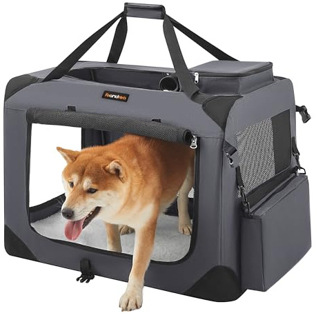 Feandrea Hundebox faltbar, Transportbox Hund, L, Hundetasche, Oxford-Gewebe, Netzstoff, atmungsaktiv tragbar transportabel, Metallrahmen, mit Griffen, Taschen, 70 x 52 x 52 cm, grau PDC70GY