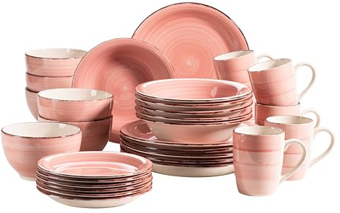 MÄSER 931615 Bel Tempo II 30-teiliges Vintage Geschirr Set für 6 Personen, handbemaltes Keramik Kombiservice in Rosa, Steingut, Koralle