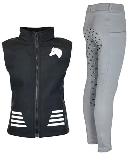 MS-Trachten Reitset Kinder Softshell Reitweste Juli schwarz mit Reitlegging Hanni hellgrau (134)