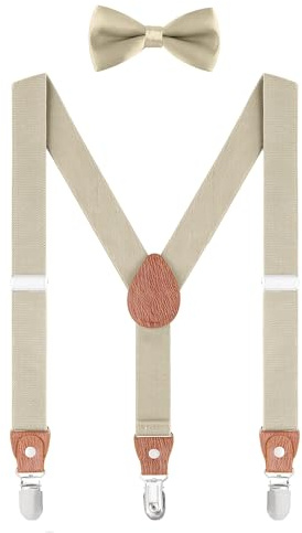 WANYING Hosenträger Fliege Set für Kleinkind Kinder Jungen Mädchen 3-8 Jahre alt Y Form 3 Clips Breite 2,5cm Elastische Hosenträger - Einfarbig Khaki