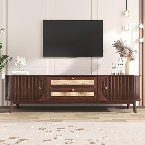 WASAGA TV-Schrank Natürlicher Holz-Blend mit Türen und Schubladen TV-Ständer Natürlicher Landhausstil mit Rattanseiten Aufbewahrungslösung