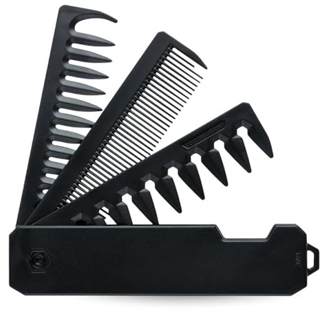 Tragbarer Klappkamm für Herren | 3-in-1 Haarkamm mit Feinzahn- & Breitzahnkamm | Tägliche Bartpflege, Haare- & Schnurrbartstyling | Kompakt & Reisetauglich (Schwarz) (Tragbarer Klappkamm)