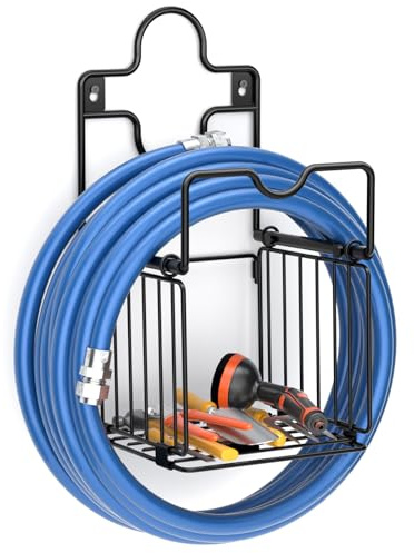 CLESOO Schlauchhalter Wand - Gartenschlauch Halterung mit Aufbewahrungskorb - Schlauchhalter Metall - Robuster Wasserschlauchhalter Wandschlauchhalter Aufhängung für Garten Hof Garage Rasen