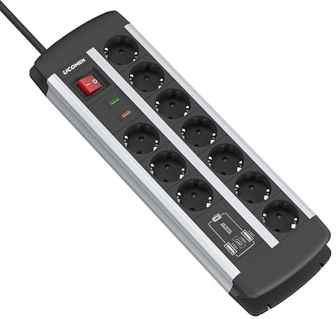10-Fach Steckdosenleiste mit USB-C PD 20W, Überspannungsschutz&Schalter, TÜV/GS Zertifiziert, Wandmontage Mehrfachsteckdose für Computertisch, Schreibtisch, Werkstatt, Büro, 1,5m Kabel,16A