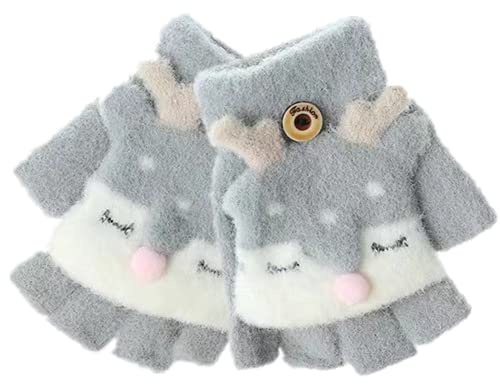 Unisex Kinder Flip Top Winter Handschuh Süßes Fuchsmuster Halbfinger Handschuhe, Warmer Stretch Vollfinger Handschuhe, Thermo Fäustlinge Handschuhe für 2–8 Jahre Baby Mädchen Jungen Kleinkind