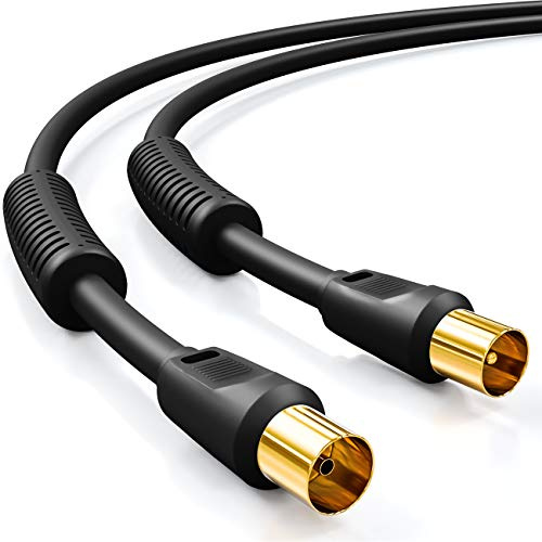 deleyCON 1m TV Antennenkabel (IEC-Stecker auf IEC-Kupplung) Koaxial Kabel HDTV 4-fach Schirmung 2x Ferritkern Mantelstromfilter DVB-T DVB-T2 Radio DAB - Schwarz