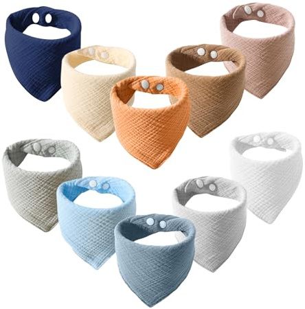 Watproofit Dreieckstuch Baby Halstuch 10er Set | Mehrlagige Sabberlätzchen aus 100% Baumwolle, Super Saugfähig mit Verstellbaren Druckknöpfen