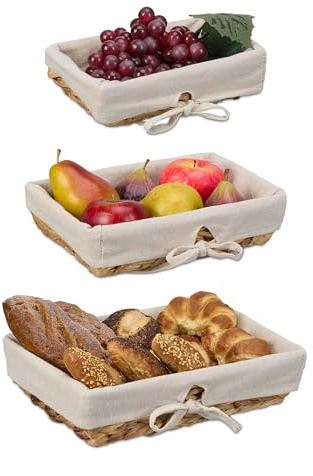Relaxdays Brotkorb, 3er Set, versch. Größen, geflochten, mit Stoffeinsatz, skandinavischer Frühstückskorb, natur/creme