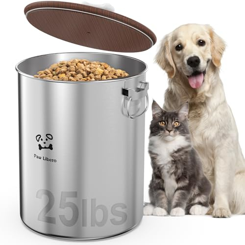 25 Pfund Edelstahl Hundefutter Aufbewahrungsbehälter mit luftdichtem Holzdeckel & Keramikknochen Griff, große Metall Hundefutter Behälter für Hunde & Katzen, frisch halten, leicht zu reinigen