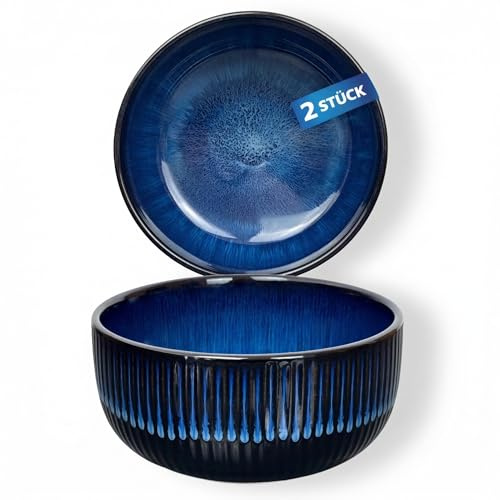 Urban Lifestyle Müslischalen 2er Set aus Steinzeug, Ø15 cm, 700–800 ml, Marineblau, Ramen Schüssel, Suppenschalen, Salatschüssel, Dessertschalen