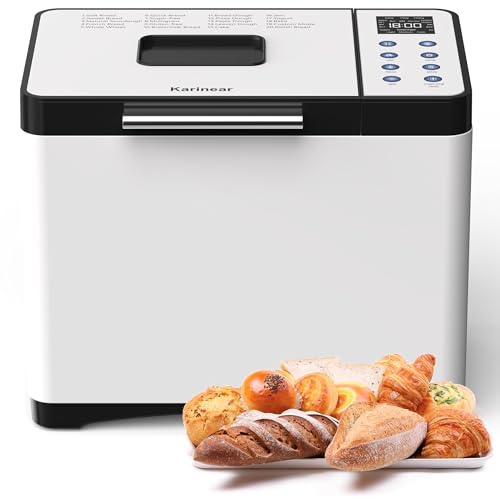 Karinear Brotbackautomat ohne Loch im Brot – 20 Programme Brotbackmaschine, 15-Std.-Timer, 3 Laibgrößen & Bräunungsstufen, 2LB Brotbackautomat, Bread Maker inkl. hitzebeständige Handschuhe, Weiß