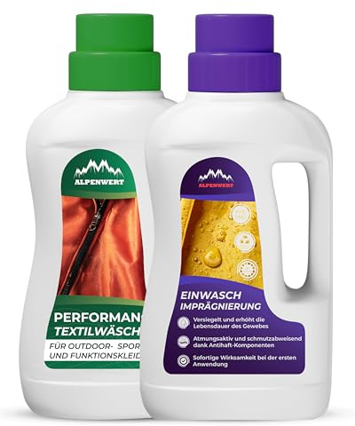 Alpenwert - Einwaschimprägnierung 500ml + Waschmittel 500ml [Made IN Germany] - Waschimprägnierung & Sportwaschmittel für Outdoor-, Ski- und Funktionskleidung - Gore-tex UVM Imprägnier Waschmittel