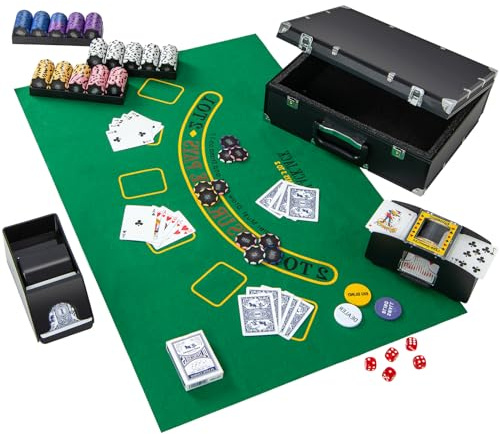 HOMASIS Pokerset Profi Deluxe 300/600 Laserchips, Alu Pokerkoffer mit 2/6 Kartendecks, 5 Würfeln, 3 Dealer Button, Kartenmischer, Kartengeber & Matte, Poker Set für Texas Hold'em (300 Chips)