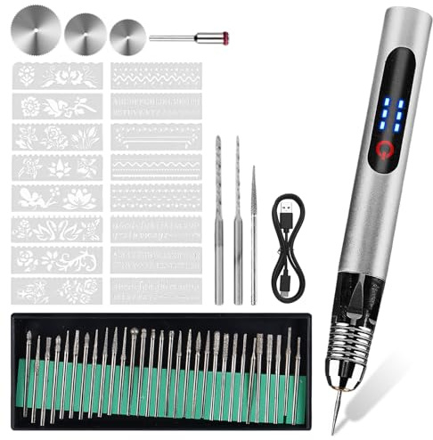 Elektrischer Gravierstift, Bis Zu 18.000 U/min Einstellbar, Kabellos USB Wiederaufladierbar Gravur Werkzeug Kit, Tragbare Gravur Stift Multifunktionswerkzeug für Schmuck Glas Holz Kunststoff Metall
