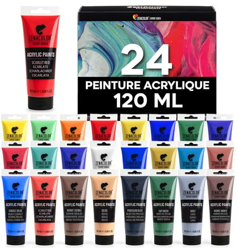 Zenacolor Acrylfarben Set – 24 Tuben 120 ml | 24 Farbtöne | Wasserbasierte, ungiftige Farben für Leinwand, Holz, Papier & Bastelbedarf | Künstlerbedarf für Erwachsene