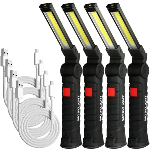 m MU LED Taschenlampe 4 Stück mit USB-C, 360° Drehbare Arbeitsleuchte mit Magnet & Haken – Werkstattlampe für Auto, Camping, Notfall – Geschenk für Männer (COB Licht, 5 Modi)
