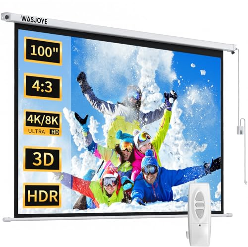 WASJOYE 100 Leinwand Beamer Elektrisch Diagonale Automatische Projektion 4:3 8K HD Filme Schirm für Heimkino Büro Videospiel Outdoor Indoor, Projector Screen W/Fernbedienung und Wand/Decke Mount