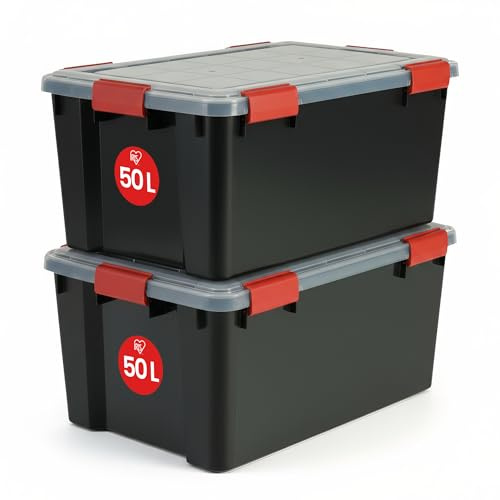 Iris Ohyama Luftdichte Kunststoff-Aufbewahrungsboxen mit Deckel, 50L, 2er-Set, Schwarz, Hermetischer wasserdichter Verschluss, Robuste Schnappverschlüsse, Stapelbar, Staubschutz, BPA-frei, AT-L