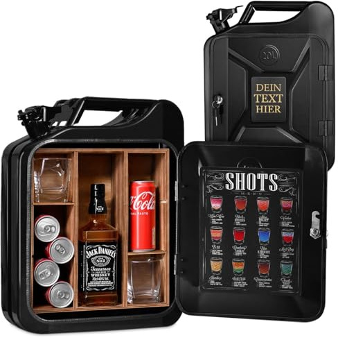 Maverton 20L Kanister Mini Bar mit Gravur, Jerrycan Metall Mobile Bar | Geburtstagsgeschenk für Männer personalisierte Geschenke für Männer, Abschließbarer Minibar, Größe: 36x47x18cm