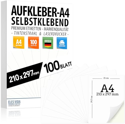 100 selbstklebende DIN A4-Etiketten 210 x 297 mm, matt weiß | Bedruckbar, kompatibel mit Tintenstrahl- und Laserdruckern, Aufkleber für viele Anwendungen