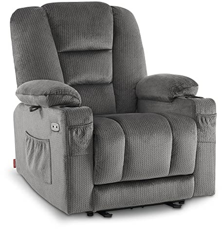 M MCombo Fernsehsessel elektrisch verstellbar 7008, Relaxsessel mit Liegefunktion, TV Sessel mit Massage & Wärmefunktion, USB & Getränkehalter, Wohnzimmer (Stoff, Grau)