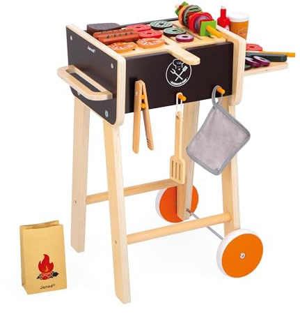 Janod - Grill aus Holz - Rollenspielzeug Küche und Puppengeschirr für Kinder - Inklusive 57 Zubehörteile - 2 geräuscharme Räder - Ab 3 Jahre, J06619