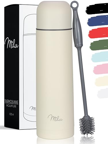Milu Thermosflasche Thermoskanne Isolierflasche 1L, 750ml, 500ml - Isolierte Edelstahl Trinkflasche, 100% Auslaufsicher, Doppelwandisolierung (Buttercream, 1000 ml)