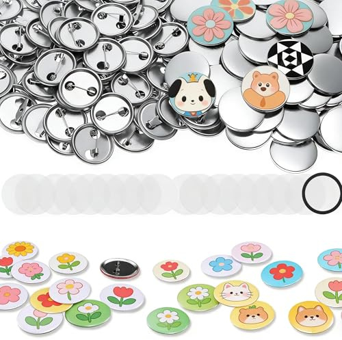 100 Stück Buttons Selber Machen 25mm / 1Zoll für Buttonmaschine Komplett Set mit Nadeln und Folien Alles um button maker Zubehör für pin maker