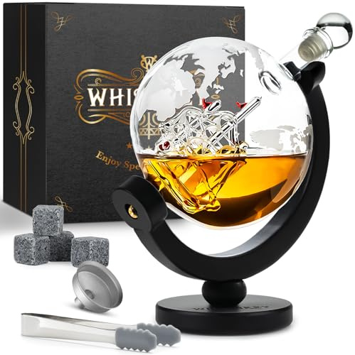 WHISISKEY Whisky Karaffe Set - Whiskey Geschenkset - Geschenke für Männer - Männergeschenke Geschenk - Geburtstagsgeschenk Mann - Globus Dekanter 900ML, Geschenkbox, 4 Whisky Steine